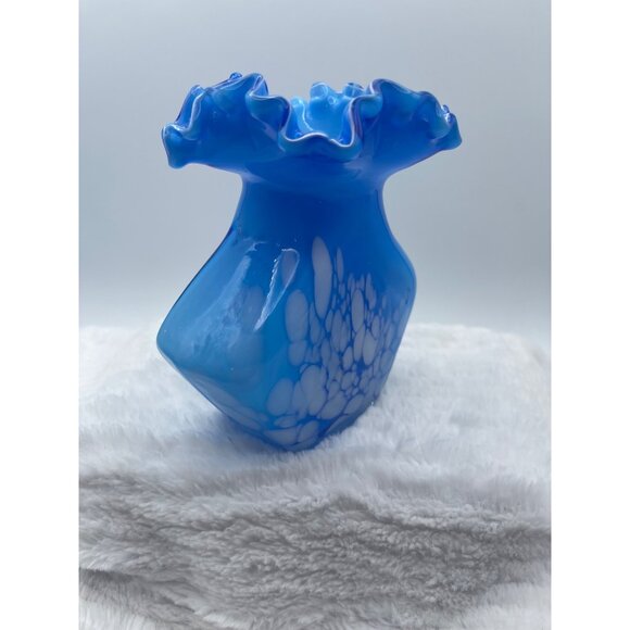 Vintage Hand-Blown Vase Bright Sky Blue and White Accents, Ruffled Edge - Picture 7 of 10